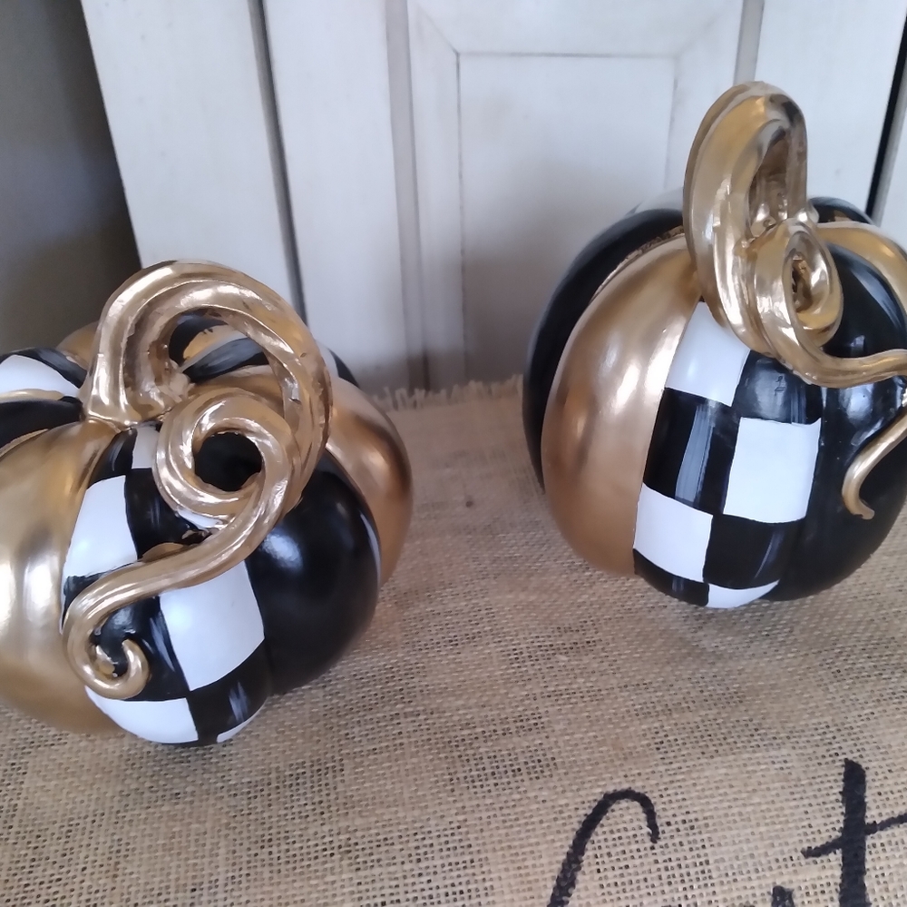 Pair of Resin pumpkins 6" in height Black White Checks Hand Painted by me